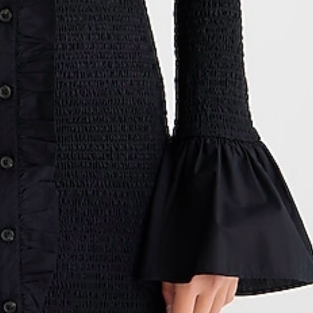 J. Crew Black Smocked Ruffle-Trim Long Sleeve Midi Dress - Picture 2 of 5